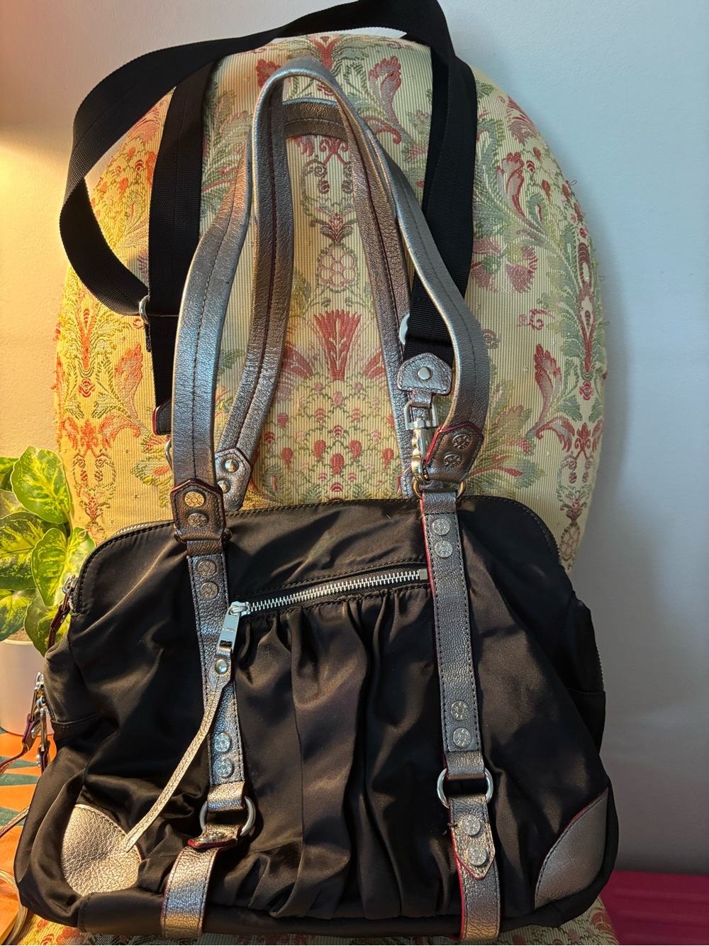 MZ Wallace Black Crossbody Nylon Bag with Pewter Straps